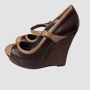 Charles David Vintage Brown and Tan Leather Platform Wedge Heels Maryjanes